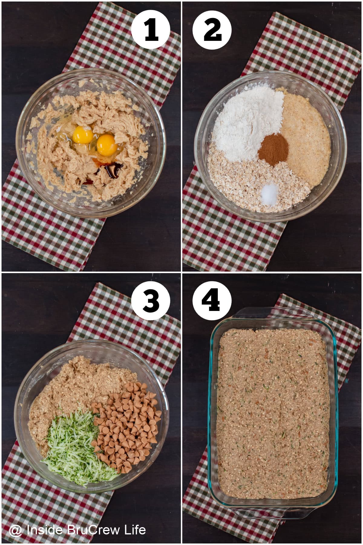 Four pictures collaged together showing how to make baked granola bars with zucchini.