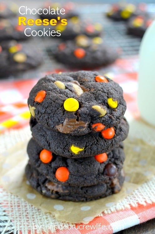 Easy chocolate cookies filled with Reese's candies and peanut butter chips.  My kids devour these every time I make them!