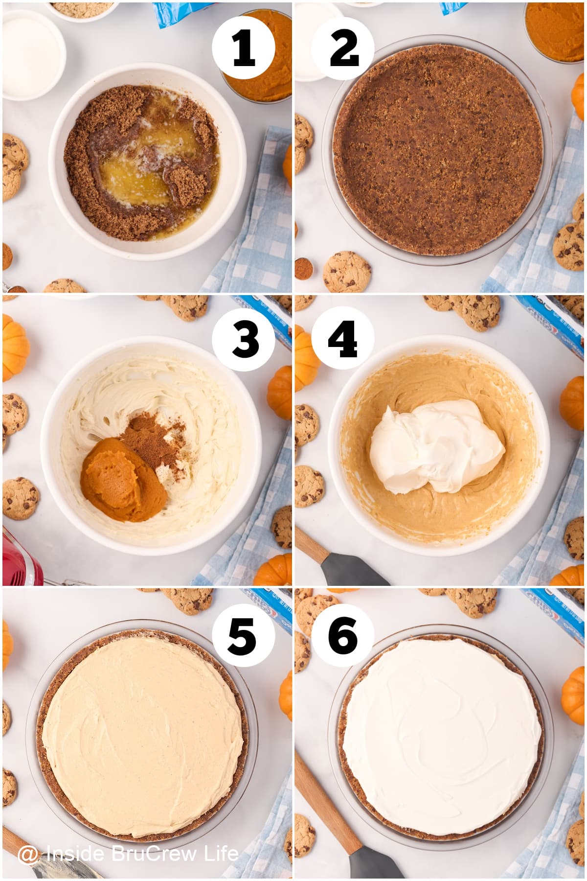 Six pictures collaged together showing how to make a pumpkin filling.