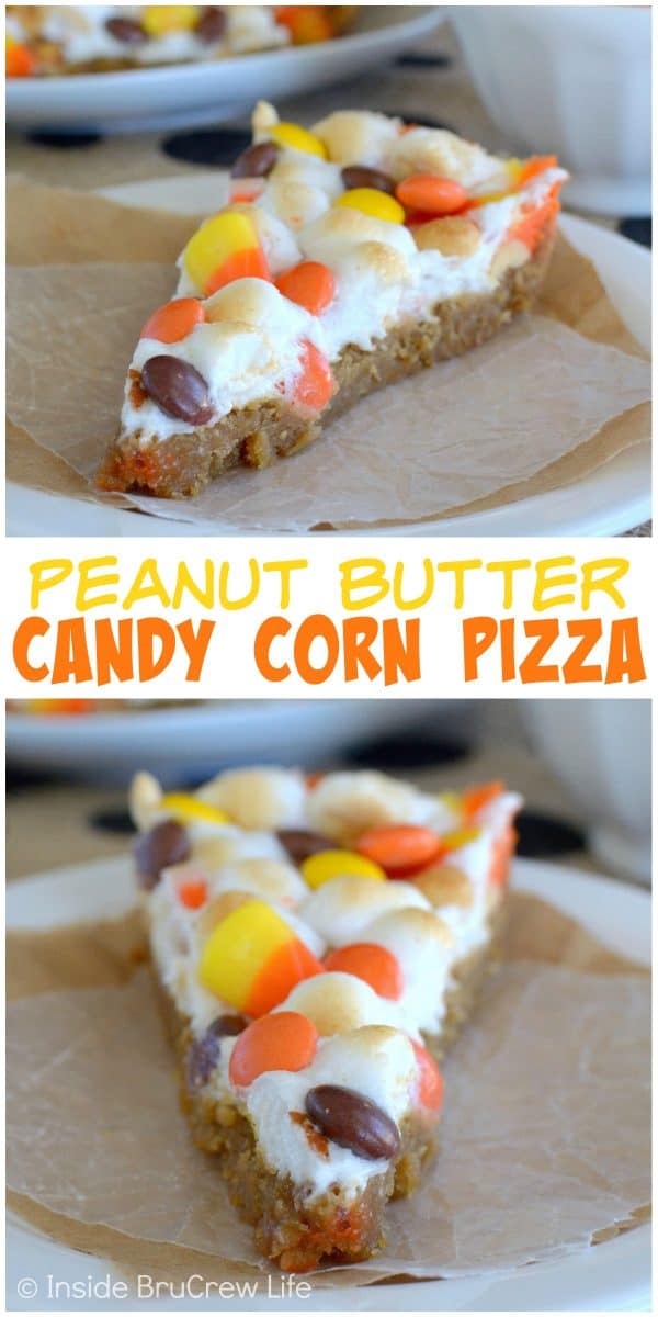 Peanut Butter Candy Corn Pizza - this easy cookie pizza is topped with melted marshmallows and lots of candy and peanuts. Make this easy recipe for fall parties! #cookie #fall #cookiepizza #peanutbutter #candycorn #dessertpizza #easy #recipe