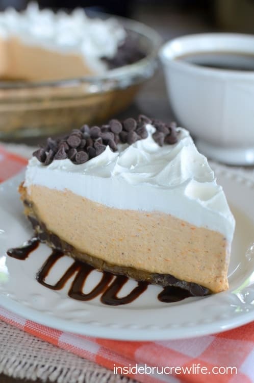 A chocolate chip cookie crust topped with a no bake pumpkin mousse filling. This is the pie to make this fall!