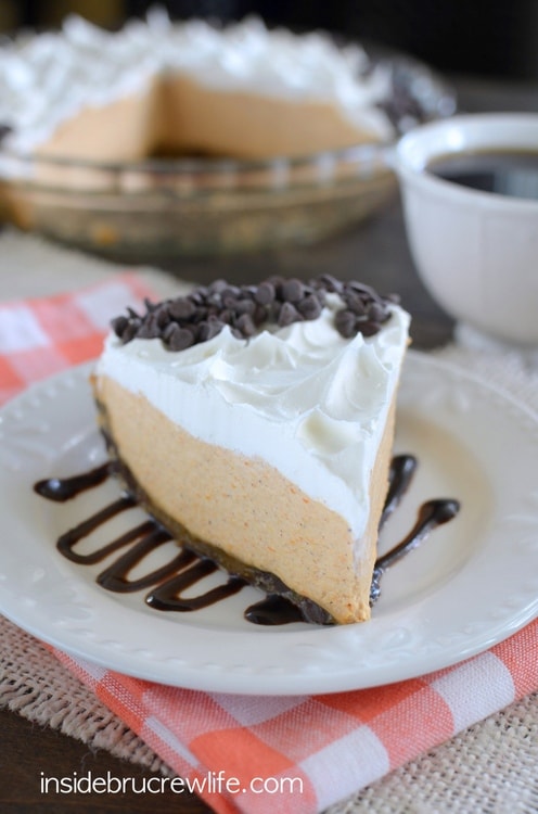 A light and fluffy pumpkin mousse is delicious inside a chocolate chip cookie crust! Perfect fall pie!