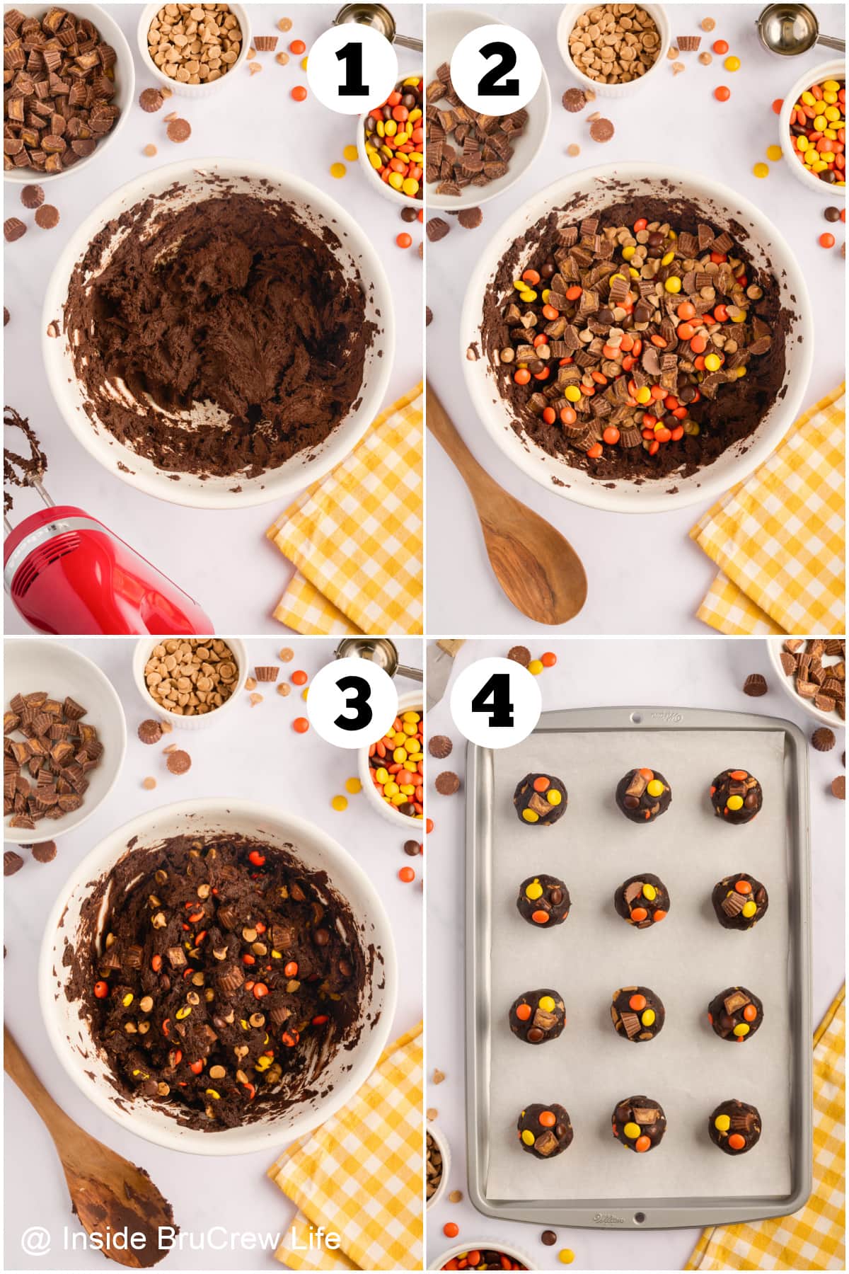 Four pictures collaged together showing how to make cookies with a cake mix.