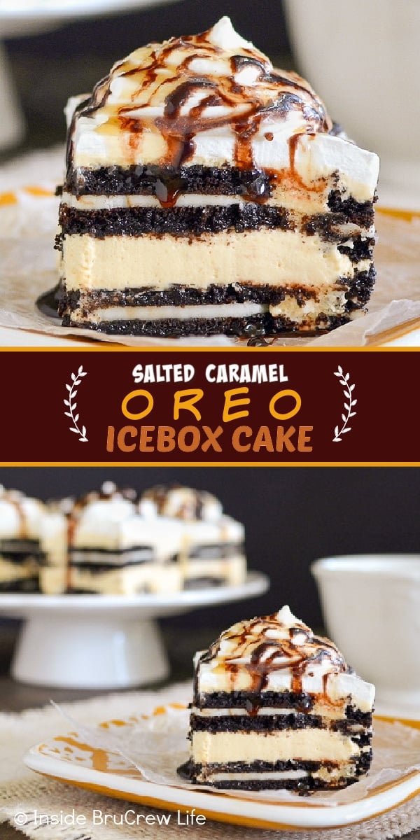 Two pictures of Salted Caramel Oreo Icebox Cake collaged together with a brown text box