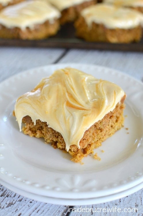 Oatmeal pumpkin cake topped with a creamy salted caramel frosting.  This cake is so good!!!