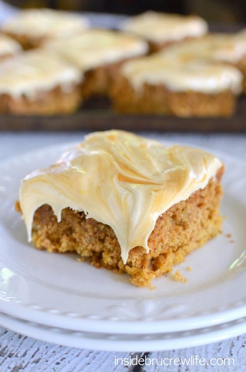 Oatmeal pumpkin cake topped with a creamy salted caramel frosting.  This cake is so good!!!