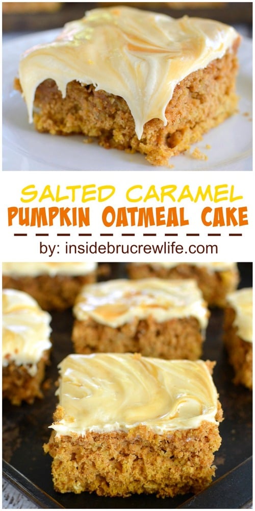 Oatmeal pumpkin cake topped with a creamy salted caramel frosting.  This cake is so good!!!