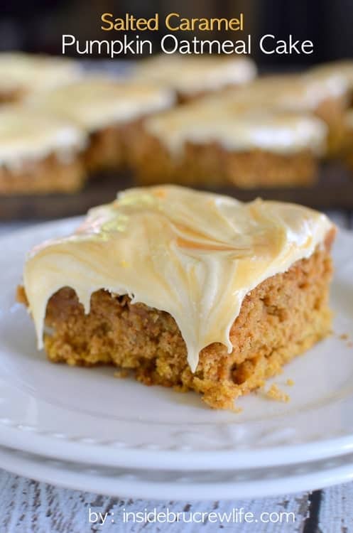 Oatmeal pumpkin cake topped with a creamy salted caramel frosting.  This cake is so good!!!