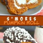 Pinterest image for s'mores pumpkin roll.