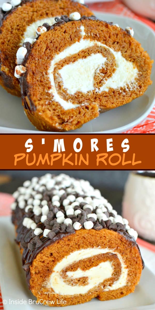 S'mores Pumpkin Roll - marshmallow frosting and chocolate drizzles add a sweet flavor to the classic pumpkin roll. Easy recipe to make for dinners this fall. #pumpkin #cakeroll #fall #smores #thanksgiving