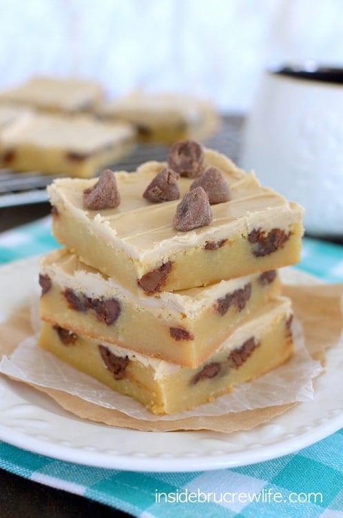 Rich and fudgy white chocolate bars with caramel chips and a coffee frosting are perfect for indulging on.