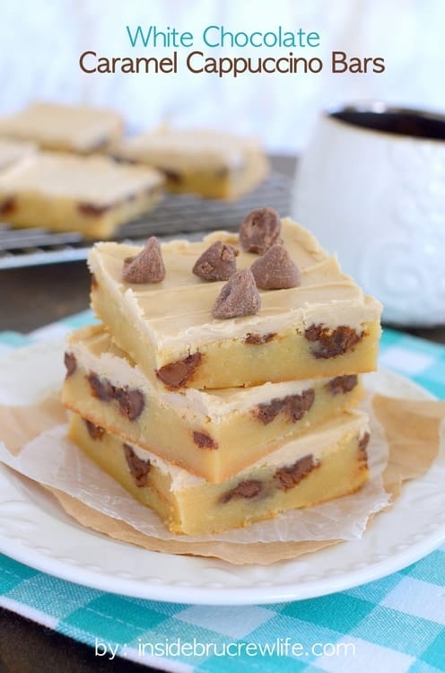 Rich and fudgy white chocolate bars with caramel chips and a coffee frosting are perfect for indulging on.