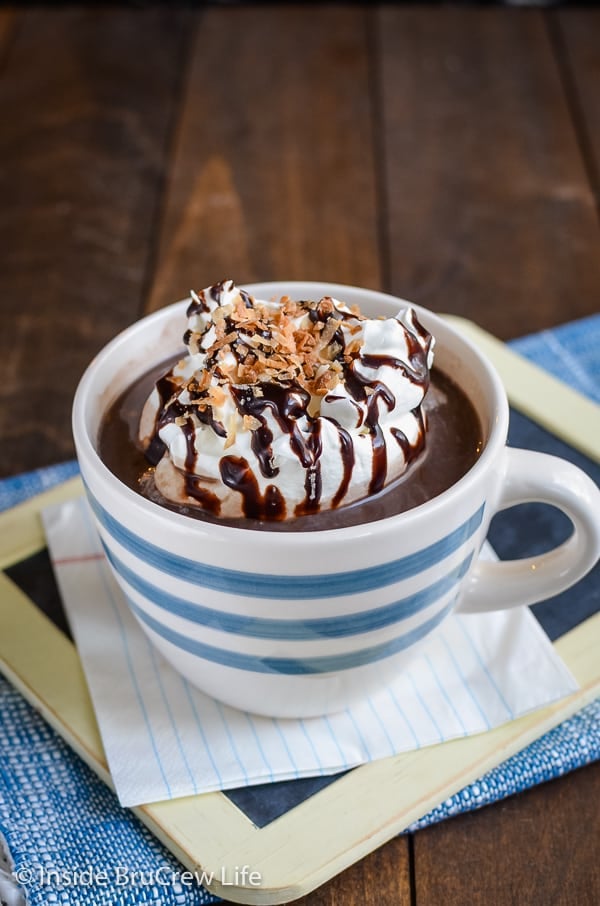 Almond Joy Hot Chocolate - this easy homemade hot chocolate can be made in minutes with just a few ingredients. It is a delicious sugar free hot chocolate tastes like a gourmet drink without all the calories. #hotchocolate #sugarfree #dairyfree #lowcarb #homemade #keto #chocolate