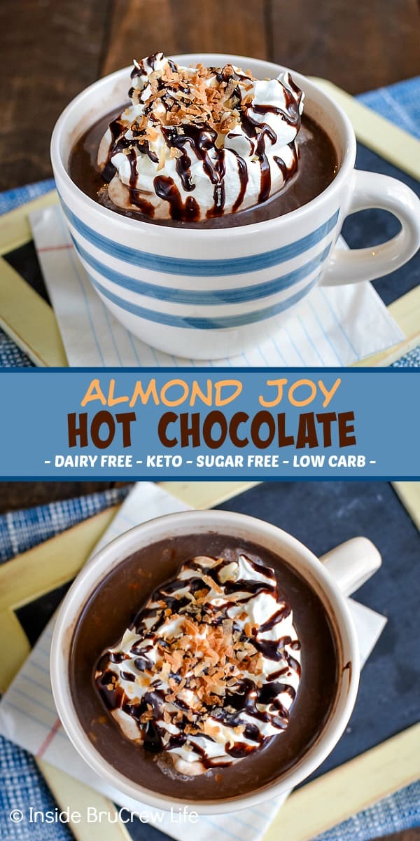 Almond Joy Hot Chocolate - whisk together almond milk, cocoa powder, and your favorite sweetener to make a delicious homemade hot chocolate. This easy sugar free hot chocolate recipe is perfect for chilly days. #hotchocolate #sugarfree #dairyfree #lowcarb #homemade #keto #chocolate