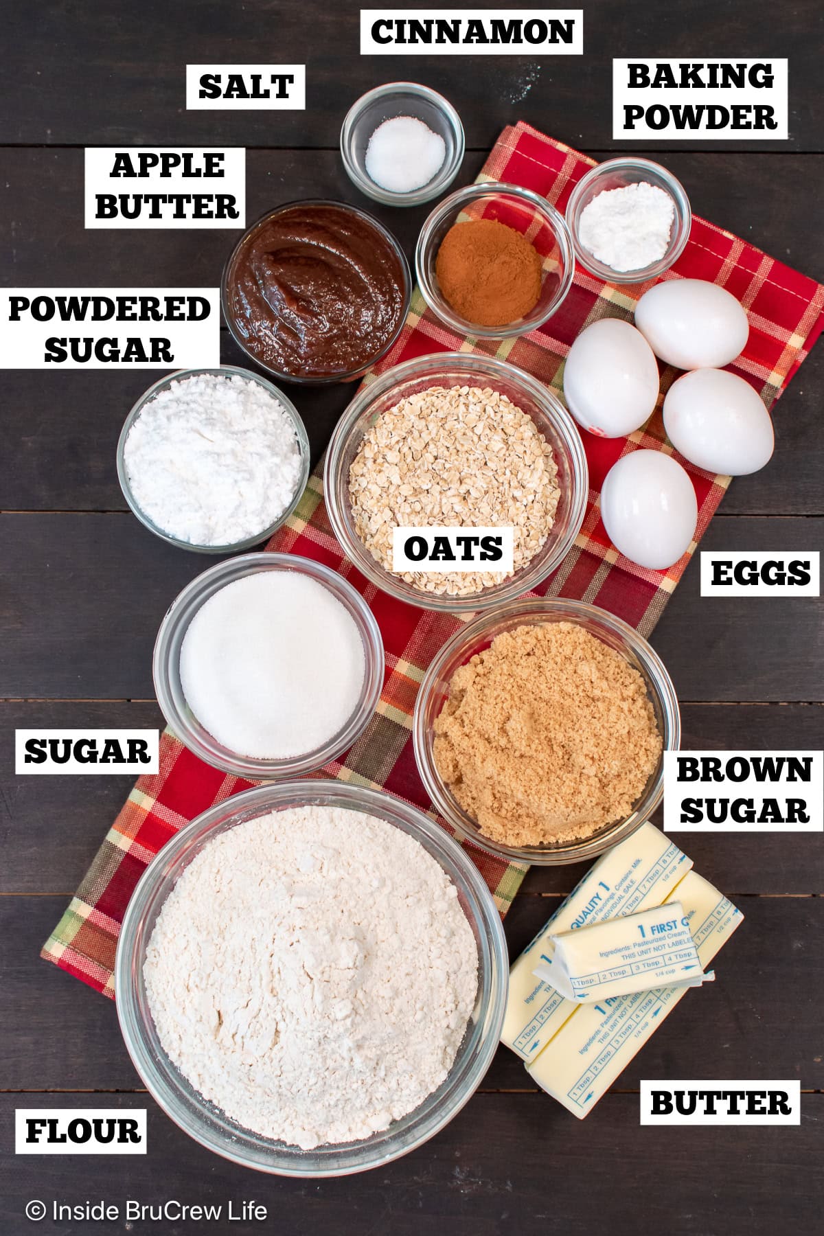 Bowls of ingredients needed to make a coffee cake with crumble and apple butter.