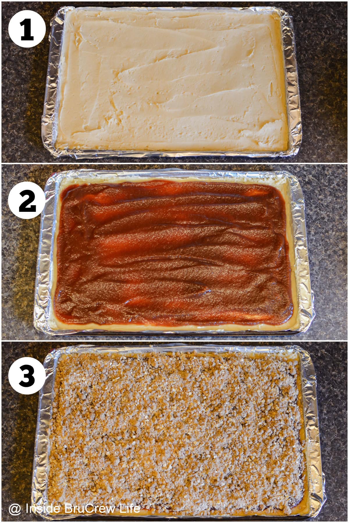 Three pictures collaged together showing how to make an apple butter crumble cake.