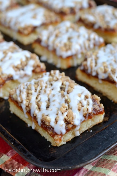 Apple butter and a cinnamon crumble topping make this the perfect fall cake for breakfast or snack.
