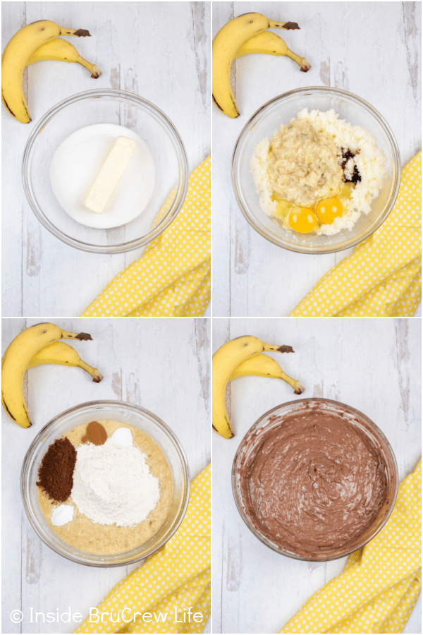 Four pictures collaged together showing how to make a chocolate cake batter with bananas.