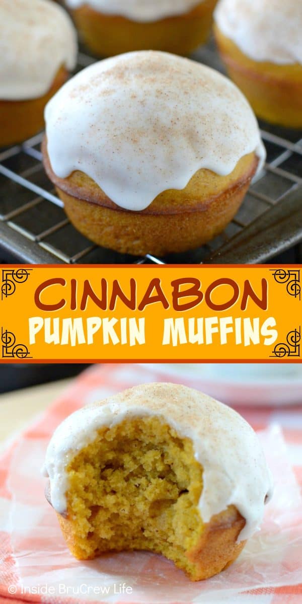 Cinnabon Pumpkin Muffins - these soft fluffy pumpkin muffins are topped with a sweet glaze and cinnamon sugar. Try this easy recipe for breakfast this fall! #pumpkin #cinnabon #breakfast #muffins #fall #coffeecreamer