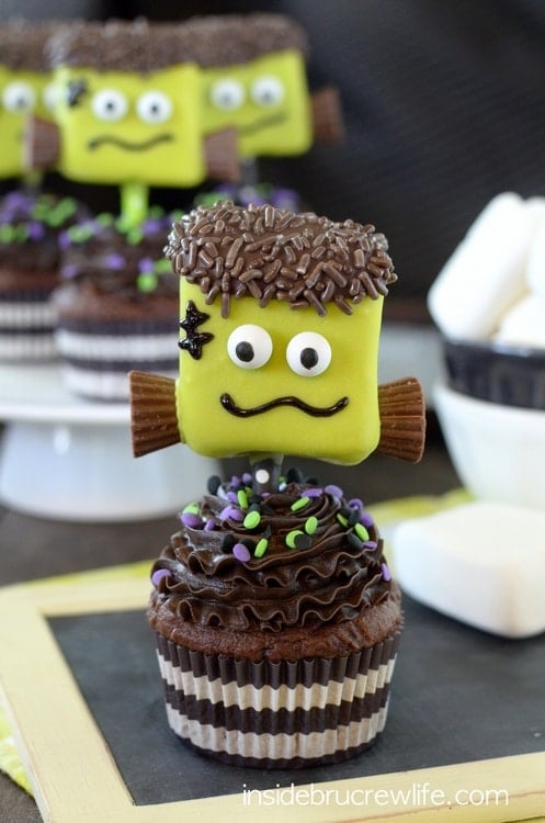 These green Frankenstein marshmallows make great cupcake toppers.