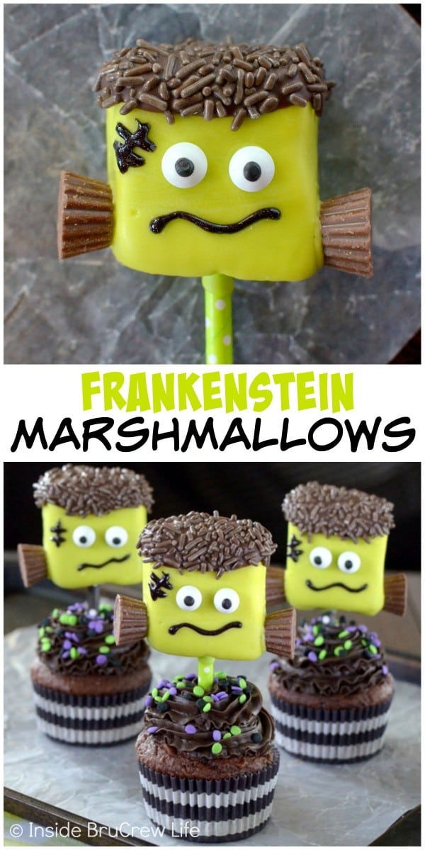 Dipping marshmallows in green candy melts and adding googly eyes and mini Reese's makes the cutest Frankenstein.