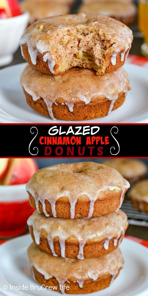 Two pictures of Glazed Cinnamon Apple Donuts collaged together with a black text box