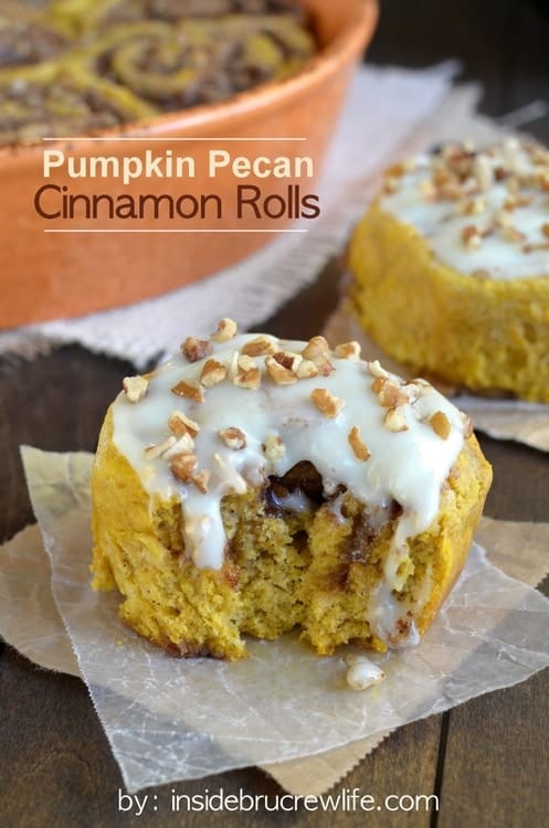 Easy no yeast cinnamon rolls full of pumpkin and pecan goodness and covered in cream cheese frosting! You are going to love these!