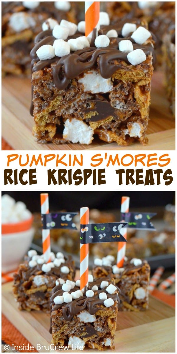 Pumpkin S'mores Rice Krispie Treats - three kinds of marshmallows, chocolate chunks, and Golden Grahams make these no bake treats taste amazing. Make and decorate these easy treats for fall or Halloween parties!