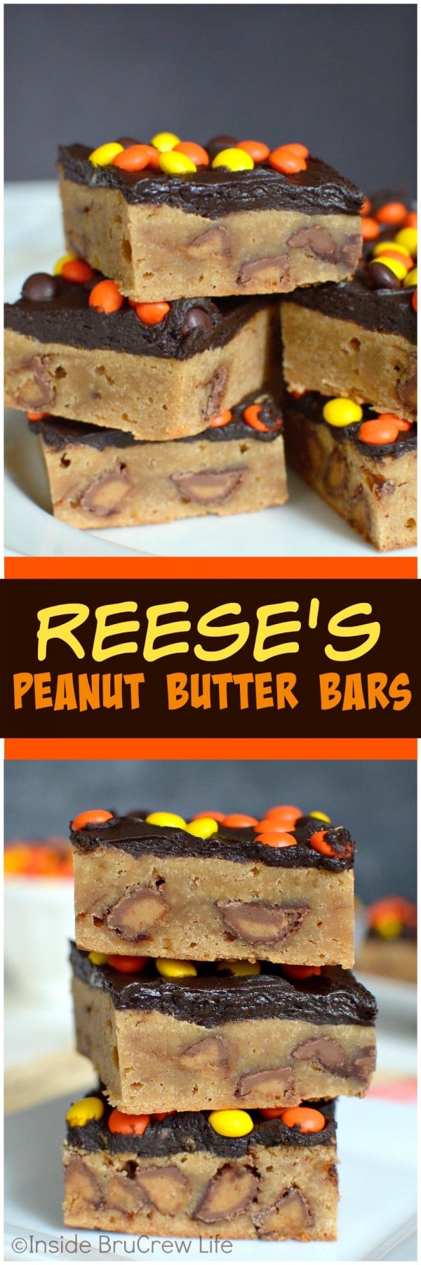 Reese's Peanut Butter Bars - these peanut butter brownies are loaded with Reese's candies and chocolate frosting. This dessert recipe will disappear in no time!