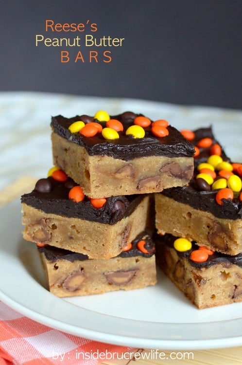 Reese's Peanut Butter Bars - rich brownie like bars that have three times the Reese's peanut butter in them. Awesome dessert recipe.