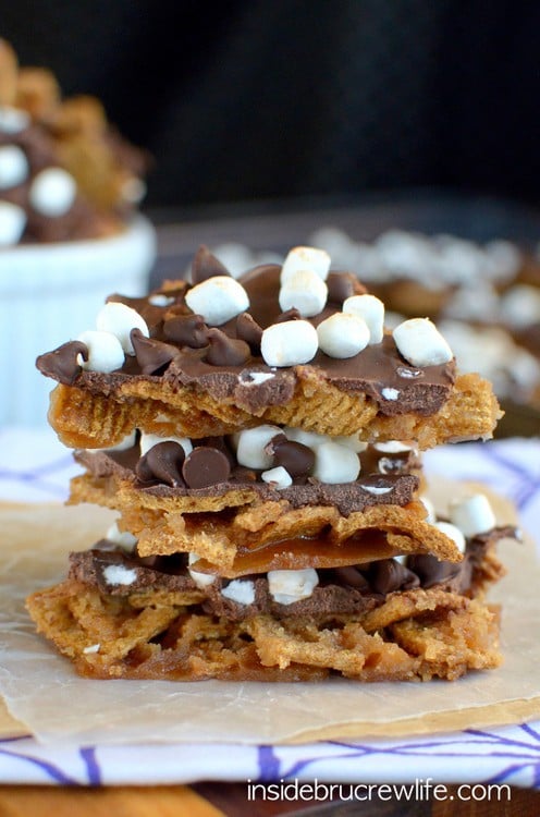 Golden grahams, chocolate, and mini marshmallows give this toffee bark a fun and delicious s'mores twist.