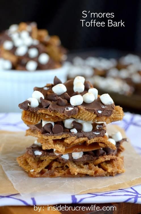 Golden grahams, chocolate, and mini marshmallows give this toffee bark a fun and delicious s'mores twist.