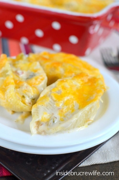 Spicy chilies and bacon add a fun and delicious flavor to these easy chicken Alfredo stuffed shells.