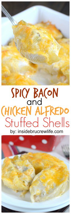 Spicy chilies and bacon add a fun and delicious flavor to these easy chicken Alfredo stuffed shells.