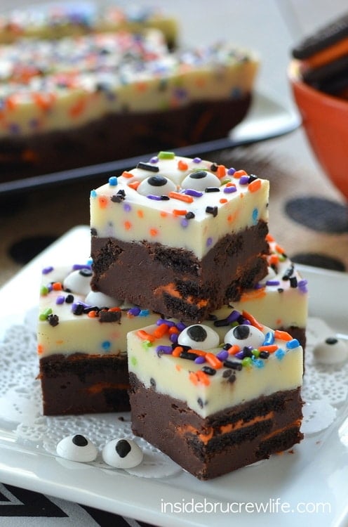 Chocolate and vanilla fudge layers with Oreo chunks and sprinkles