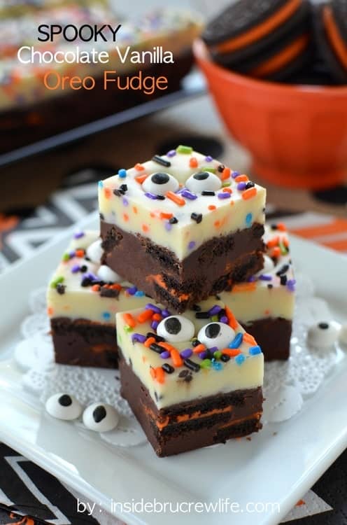 Chocolate and vanilla fudge layers with Oreo chunks and sprinkles