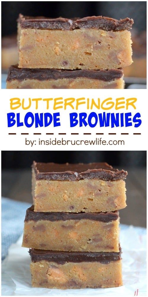 The rich decadent blonde brownies are full of Butterfinger candy bar chunks and topped with chocolate. Good luck only eating one!