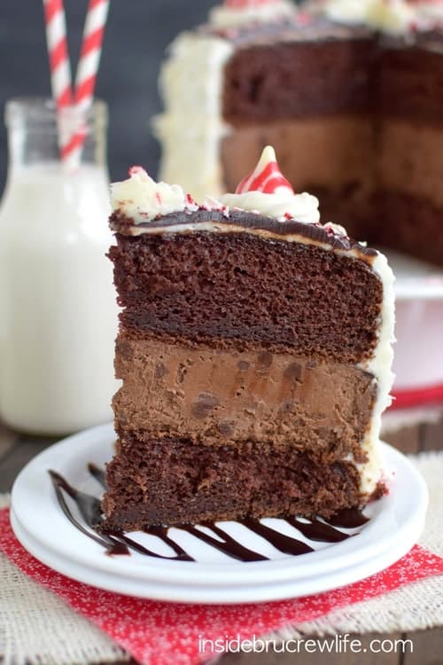 Candy Cane Chocolate Cheesecake Cake - peppermint frosting covers layers of chocolate cake and chocolate cheesecake!  Perfect holiday dessert for parties!!!