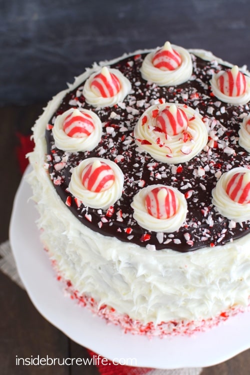 Candy Cane Chocolate Cheesecake Cake - layers of cake, cheesecake, and peppermint frosting creates an impressive dessert for holiday parties!