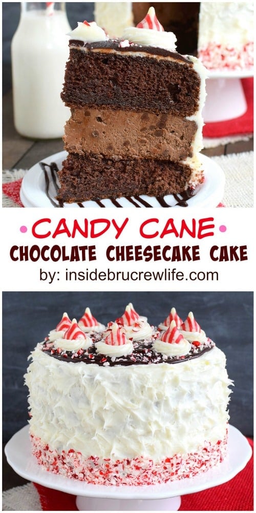 Candy Cane Chocolate Cheesecake Cake - layers of chocolate cheesecake and cake with peppermint frosting is one holiday dessert you have to make this year!  This is the perfect recipe for holiday parties or events!