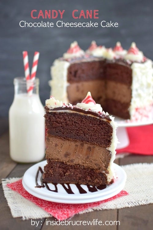 Candy Cane Chocolate Cheesecake Cake - chocolate cake with chocolate cheesecake, peppermint frosting, and candy cane chunks is an impressive holiday cake