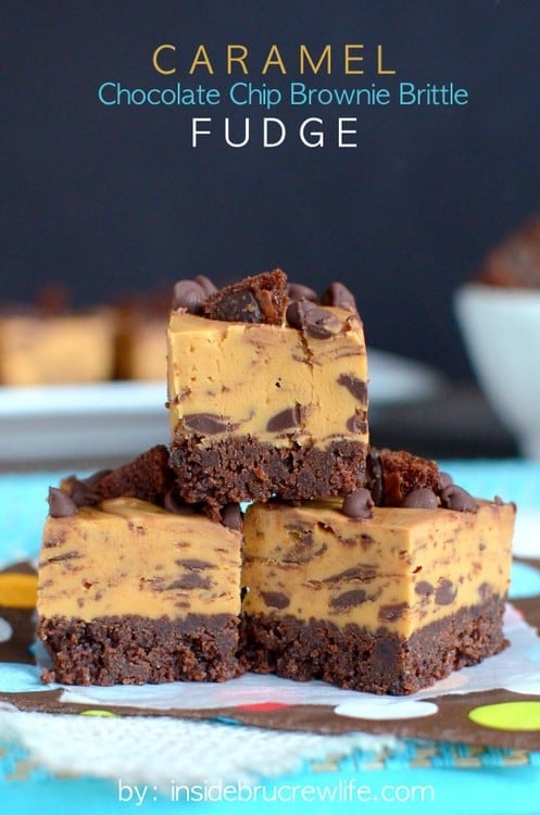 The Chocolate Chip Brownie Brittle crust makes this caramel fudge a fun treat to make and share.  Perfect holiday dessert!