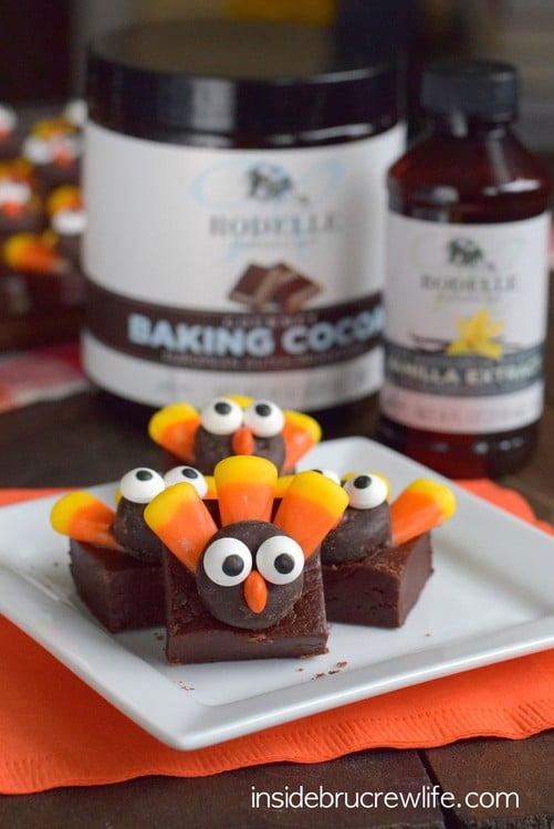 These easy no bake chocolate fudge squares topped with a cute candy turkeys make perfect Thanksgiving day treats!