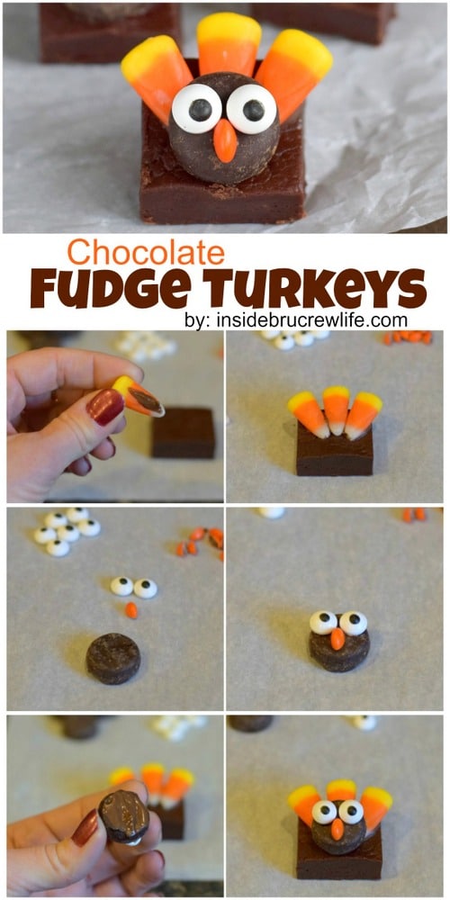 These easy no bake chocolate fudge squares topped with a cute candy turkeys make perfect Thanksgiving day treats!