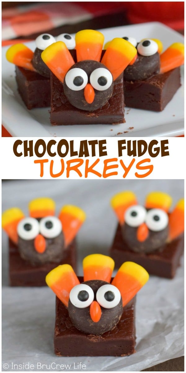 Fudge squares with a cute little turkey face make a perfect Thanksgiving dessert!