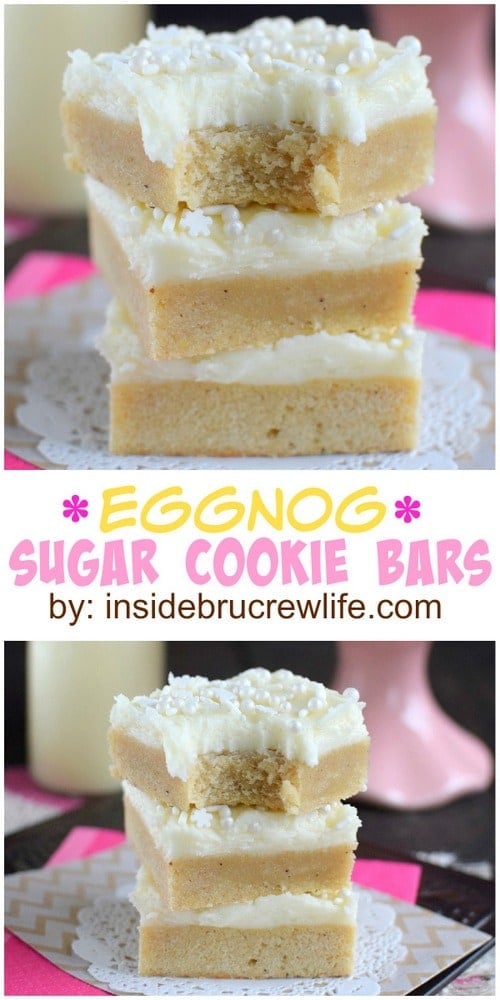 Two pictures of Eggnog Bars collaged together with a white text box.