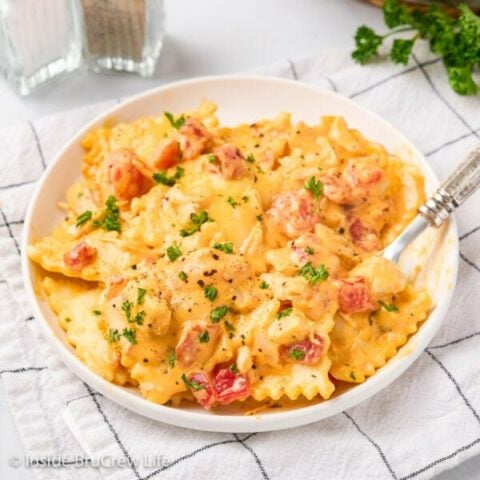 A white bowl filled with chicken ravioli in a nacho cheese sauce.