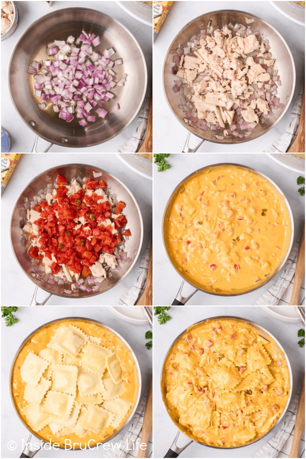 Six pictures showing how to make a skillet of chicken ravioli collaged together.