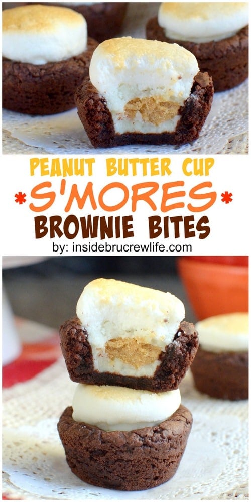 Mini brownie bites stuffed with peanut butter cups and topped with a toasted marshmallow for a fun s'mores twist!