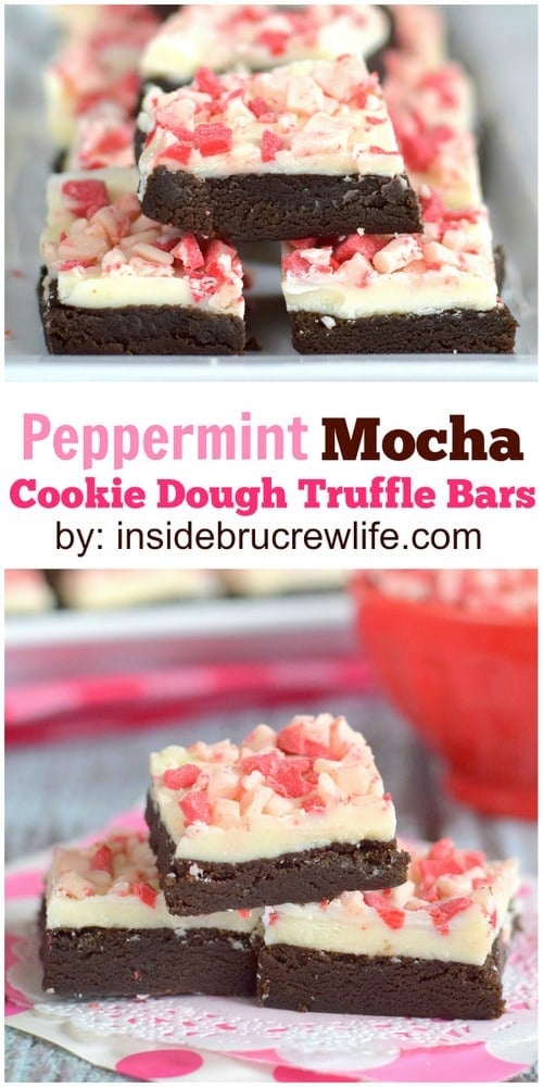 No bake mocha cookie dough with a white chocolate and peppermint topping will be a fun addition to your holiday cookie trays.